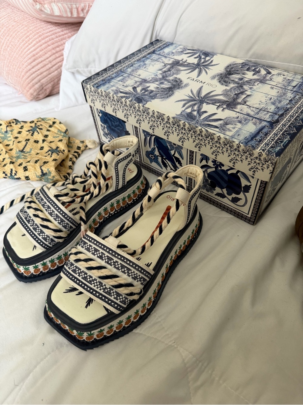 FARM Rio Cream and Navy Woven Rope Platform Sandal with Pineapple Trim - Picture 8 of 9